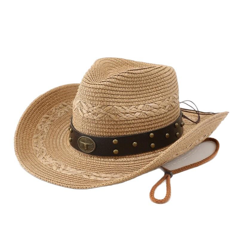 Ethnic Style Straw Woven Western Cowboy Hat, Summer Travel Photo Big Edge Straw Hat, Outdoor Beach Sunshade Sun Protection Hat