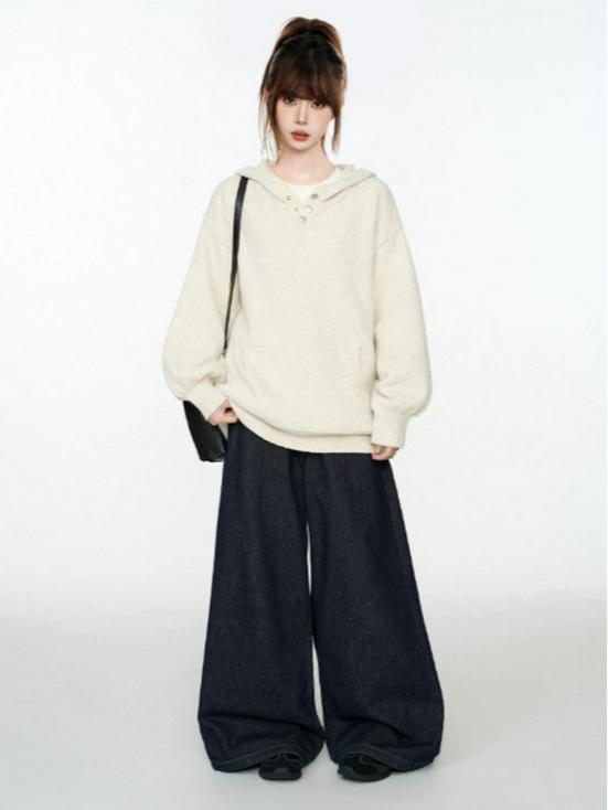 Unisex Hooded Knit Cardigan Jacket - Half-Button, Thick, Loose, Trendy Sweater for Autumn/Winter