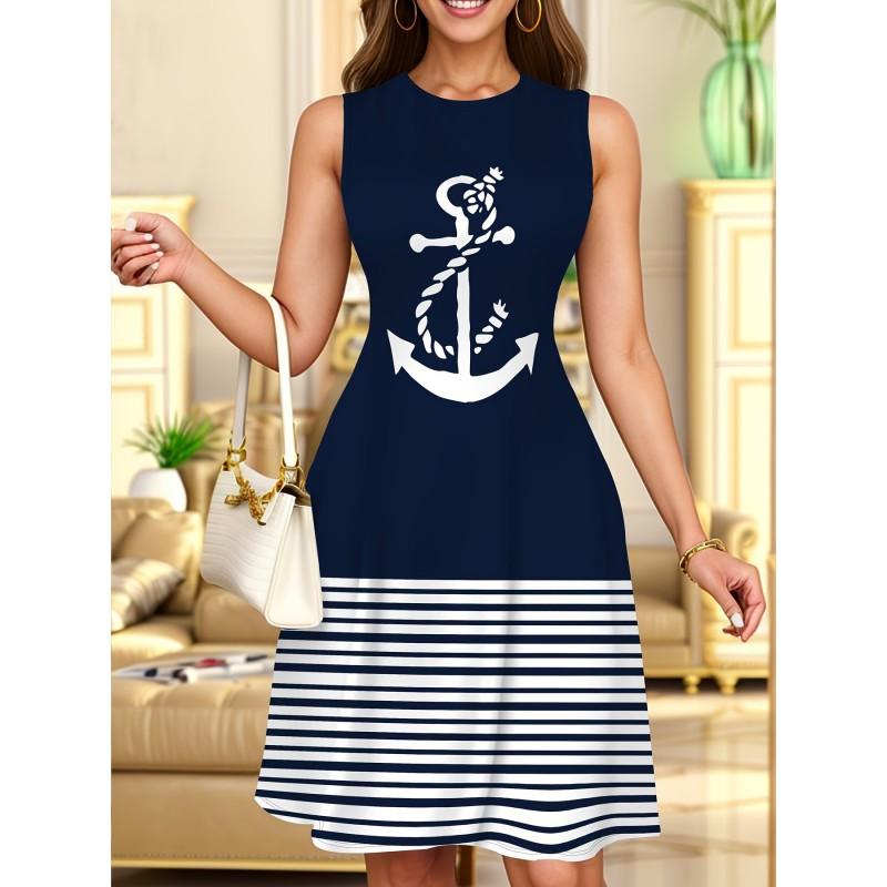 Womens Casual Sleeveless Round Neck Midi Dress With 3D Print Breathable Comfort Fit Elegant Office Style