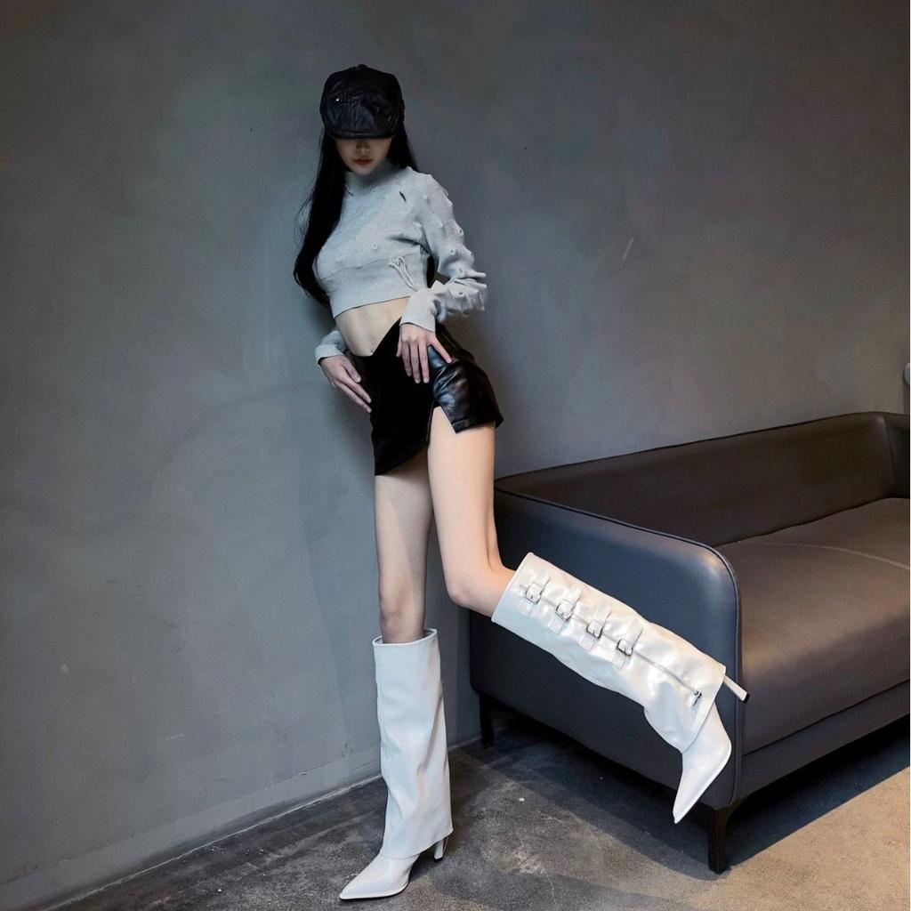 Pointed thin heel boots 2025 autumn new buckle thin high heel trouser boots niche versatile fashion boots women