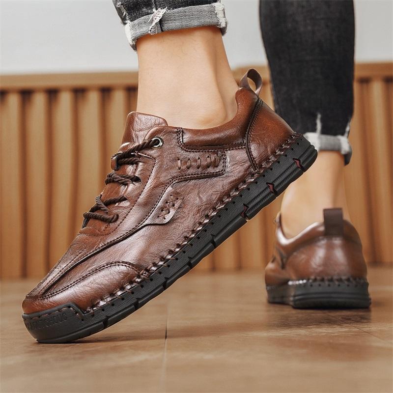 Luxury New Retro Fashion Men's Lace Up Leather Hand-sewn Thread Casual Shoes Designer Platform Walking Footwears Zapatos Hombre