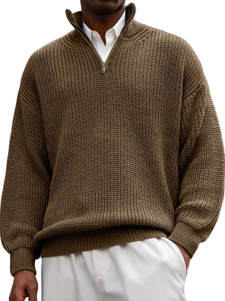 Men's Half Zip Knit Polo Sweater Stand Collar Long Sleeve Casual Pullover