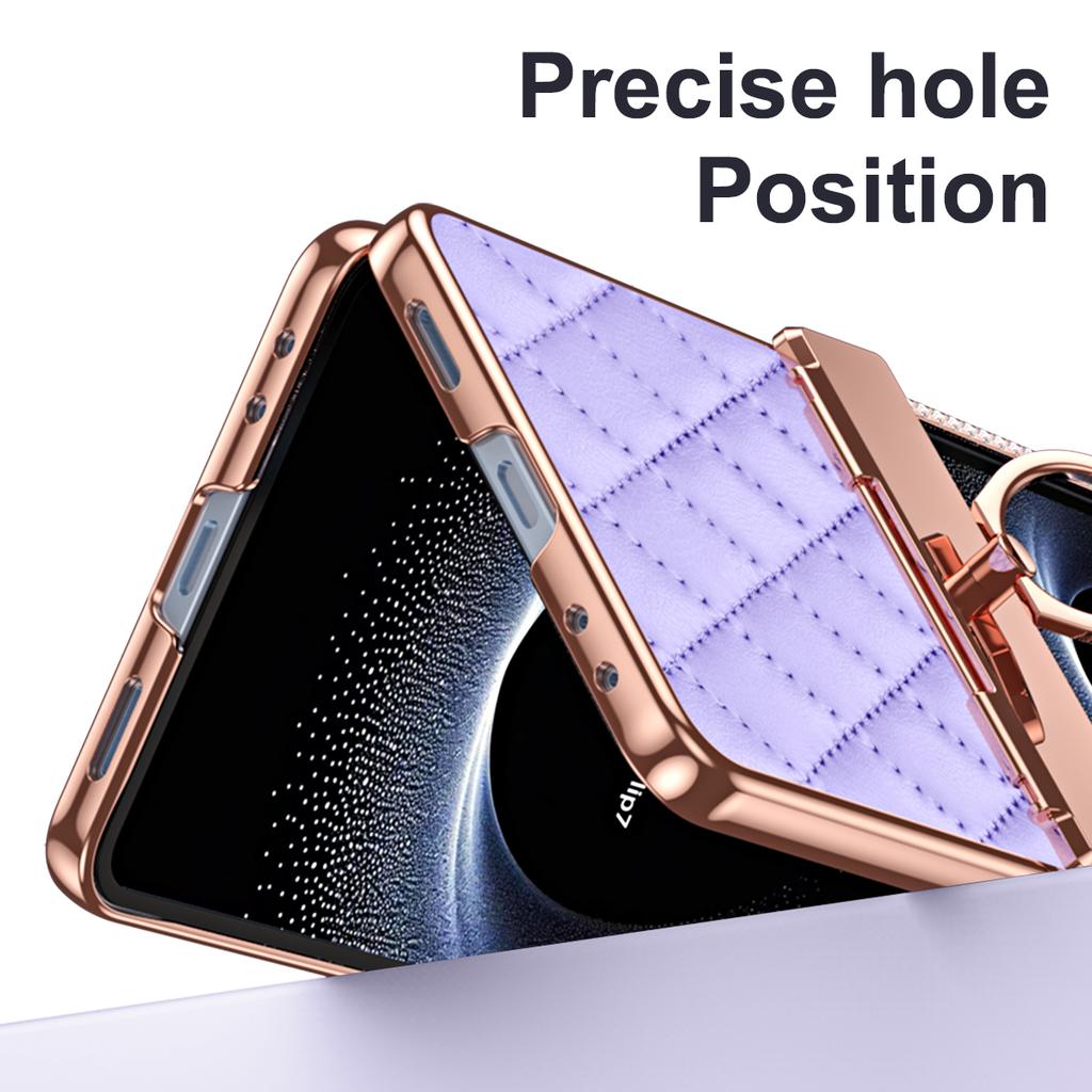 Luxury Flash Diamond Plain Leather For Samsung Galaxy Z Flip 7 Case Fold Hinge Rotating Ring Bracket Cover Optional Mirror Film