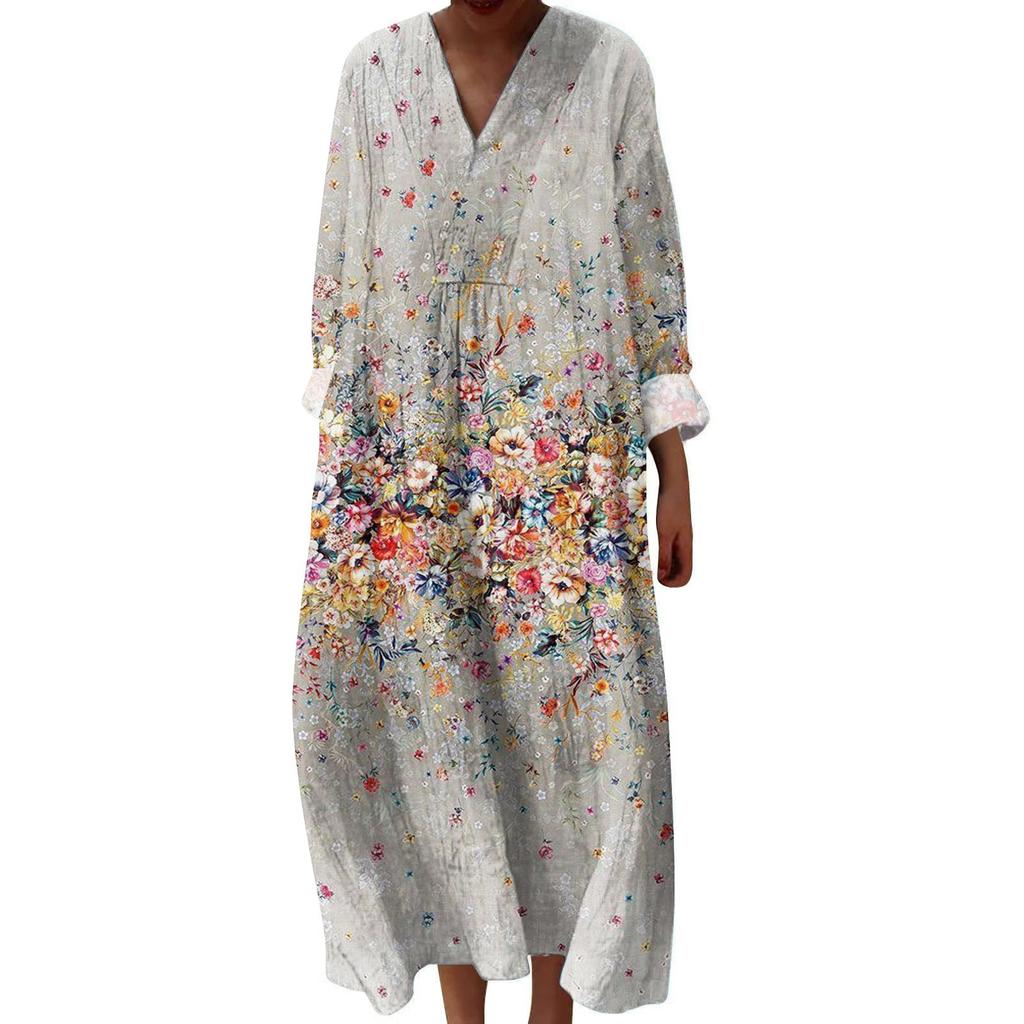 Women's Casual And Fashionable V-Veck Printed Long Sleeved Dress Long Sleeved Dress