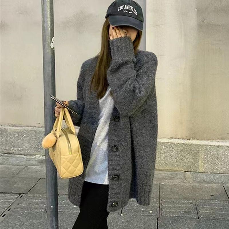 Versatile Retro Knit Cardigan - Mid-Length Solid Color for Spring and Autumn