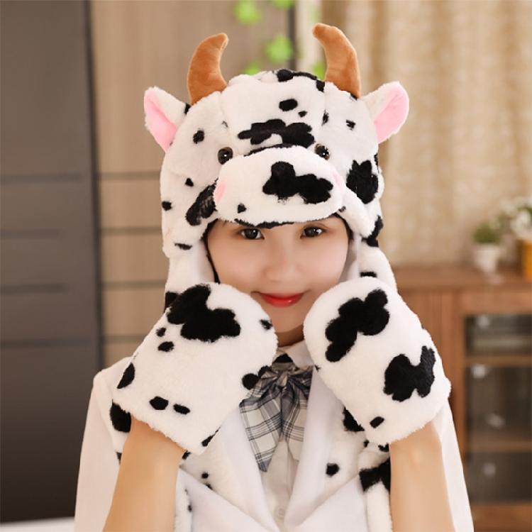 Warm Hat with Jumping Ears Party Stuffed Cow Ox Horn Toy Fleece Cap for Kids