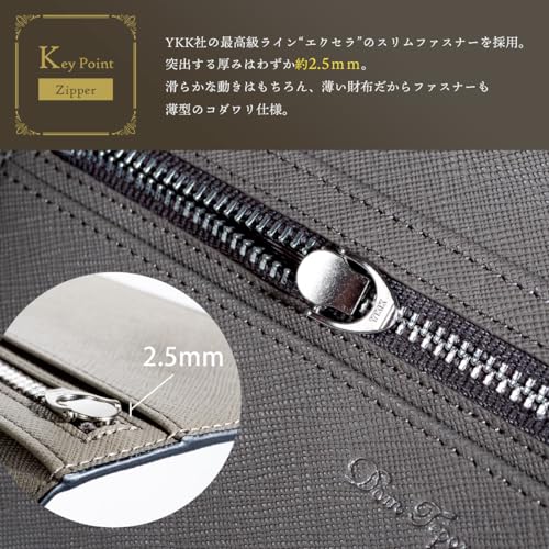 Dom Teporna Men's Long Wallet, Cowhide Leather, Ultra-Thin 1cm YKK Zipper, Coin Purse, Slim Wallet, Bill Compartment, Card Slots, Gray