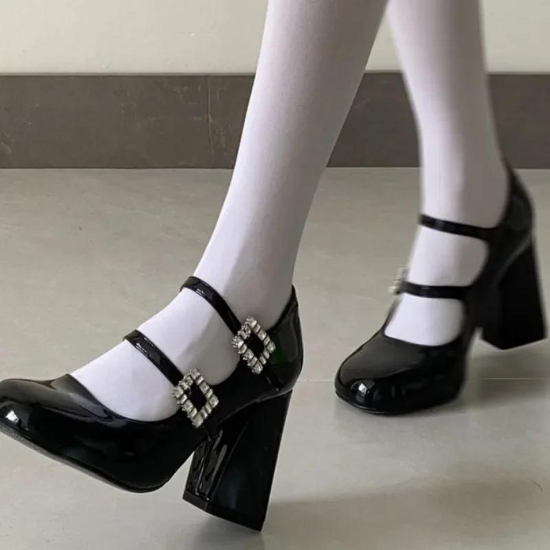 Fashion Elegant Woman Heeled Shoes Round Toe Shallow Mary Janes Women's High Heels Fashion Chunky Heel Buckle Strap Female Party Pumps