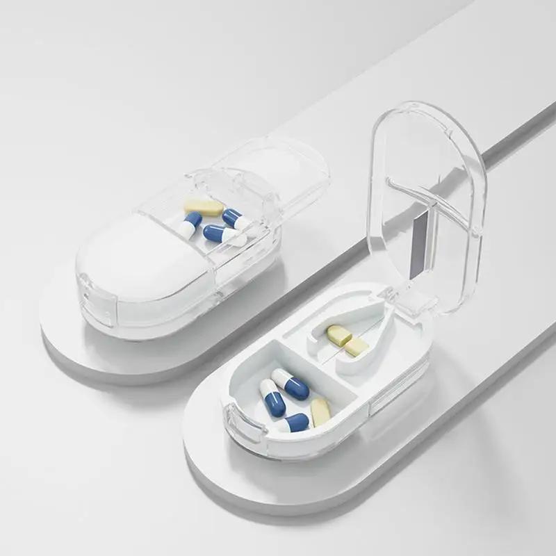 2 In 1 Mini Pill Cutter And Storage Box Portable Drug Tablet Medicine Dustproof Divider Organizer Crusher Pill Box For Outdoor