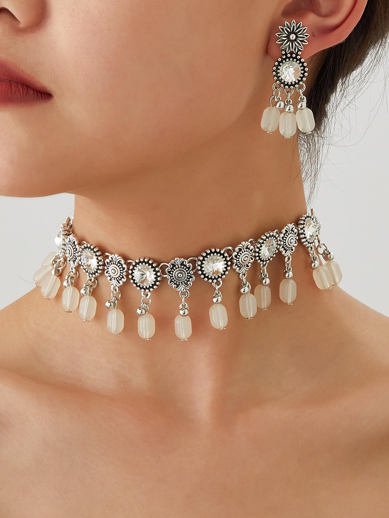Бохо Шик Ожерелье-чокер с кисточкой из бисера и набор ретро-серег для женщин белый