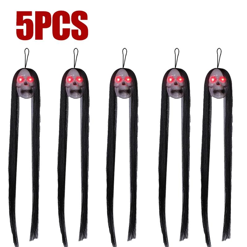 Halloween Hanging Ghost Skull with Long Hair Glowing Eyes Terror Skull Ghost House Head Skeleton Props 2025 Halloween Decoration