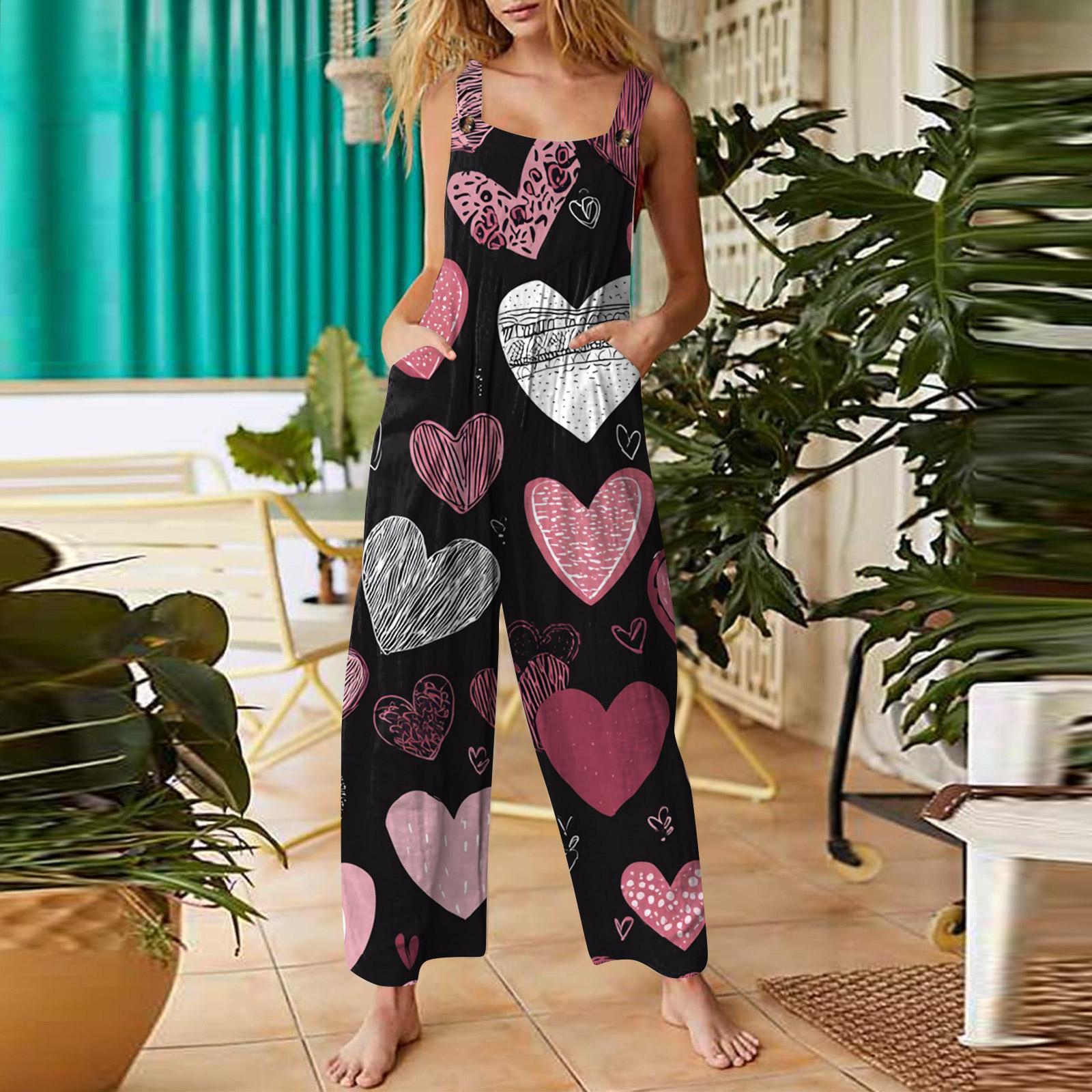 

Women s Casual Sleeveless Jumpsuit With Valentine s Day Print, Cotton Romper L Кіновар