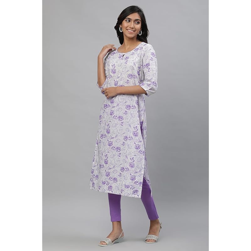 Aurelia White Floral Printed Printed Cotton Straight Long Kurta for Women