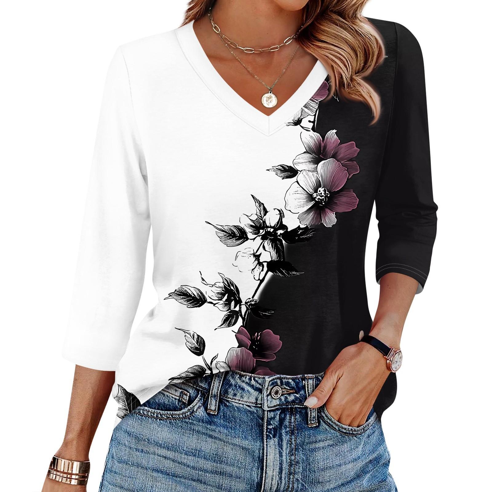 

Женская футболка с принтом, рукав 3/4, повседневная мода на выходные, базовый топ с V-образным вырезом XL белый