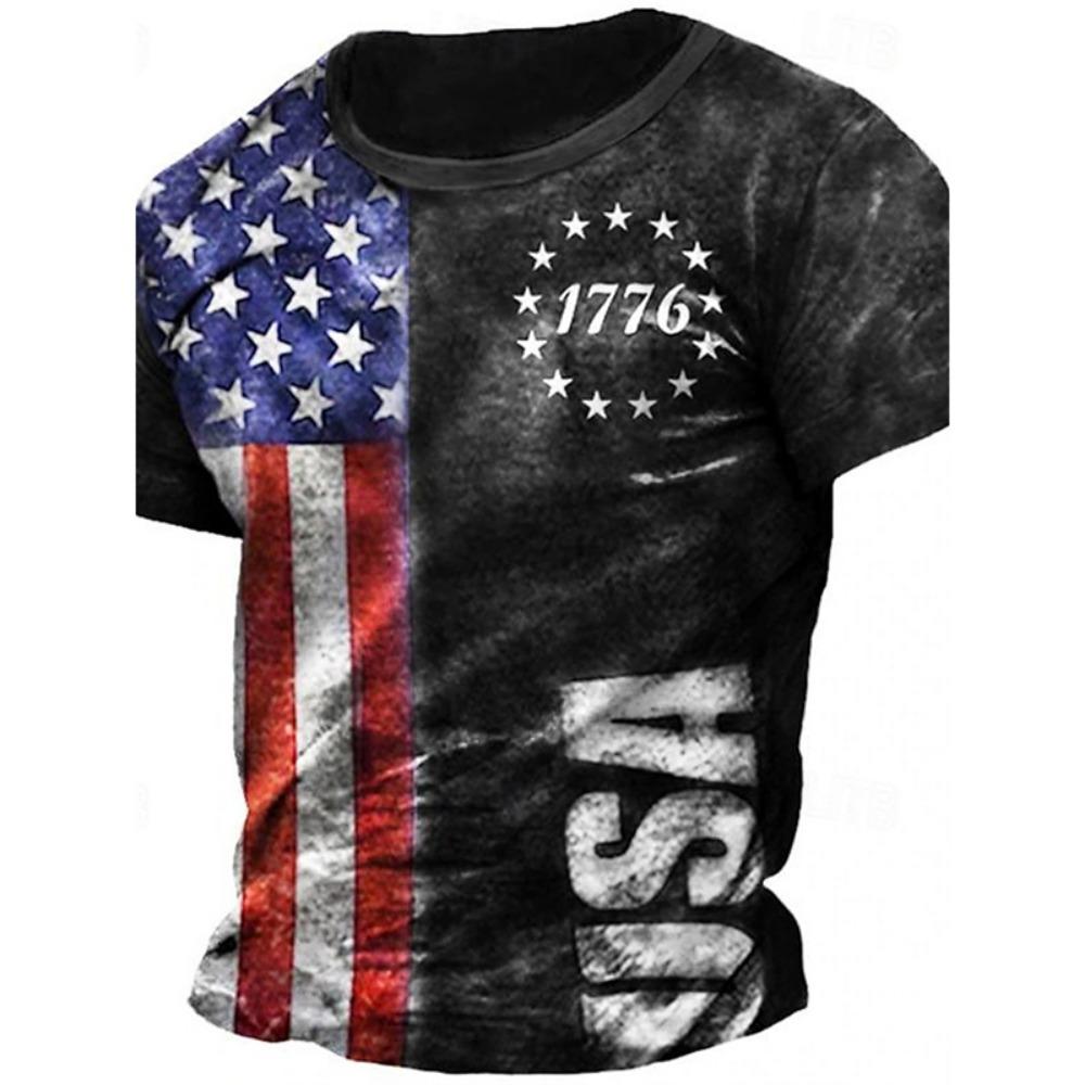 Summer Men's Retro Flag Printed T-shirt 3D Skull Round Neck Short Sleeve Casual Breathable Men's Large Size T Shirt Hot Model