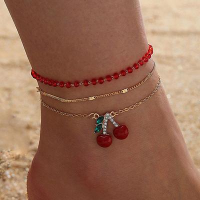Red Rice Bead Beaded Multi-layer Foot Decoration with Diamond Cherry Cherry Anklet Three-piece Set
