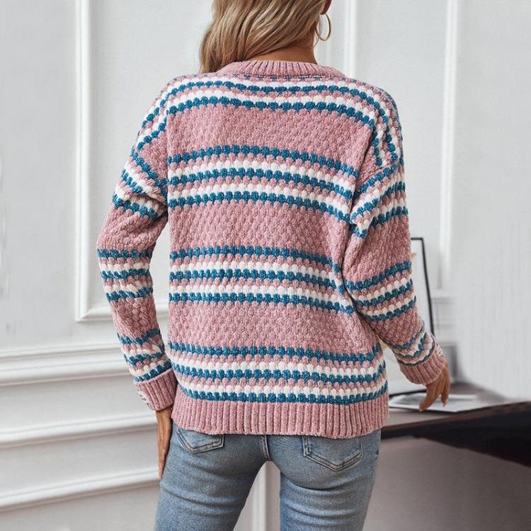 Vintage Stripe Cardigan Knitwear Sweater Long Sleeve Loose Top O Neck Autumn Winter