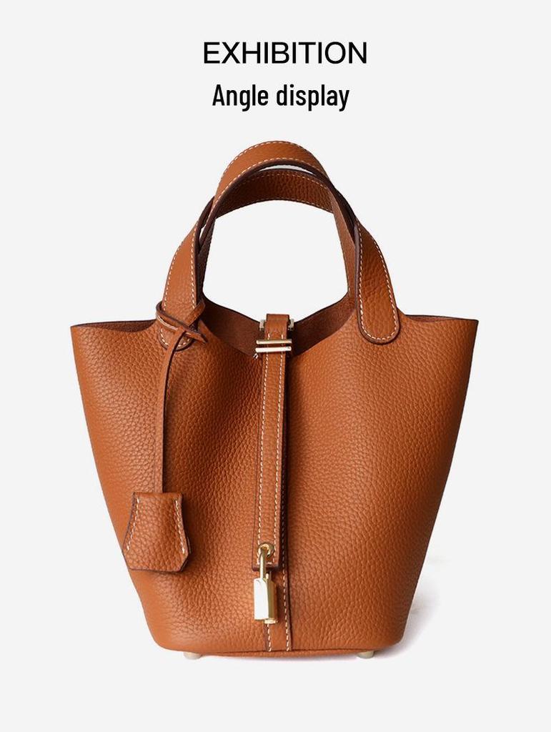 Women's Genuine Leather Bucket Handbag - Large Capacity, High-End Cowhide Veggie Basket Style