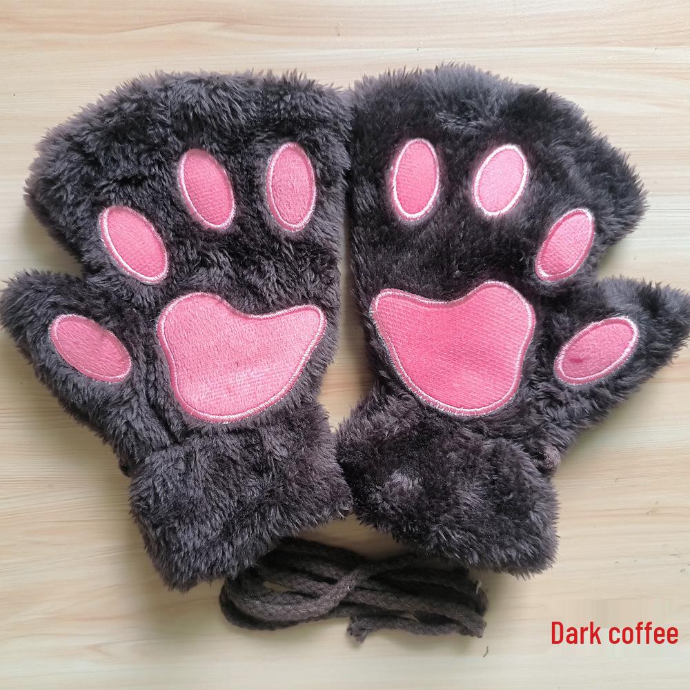 Women's Cute Cartoon Bear Paw Fingerless Plush Gloves with Hanging Neck