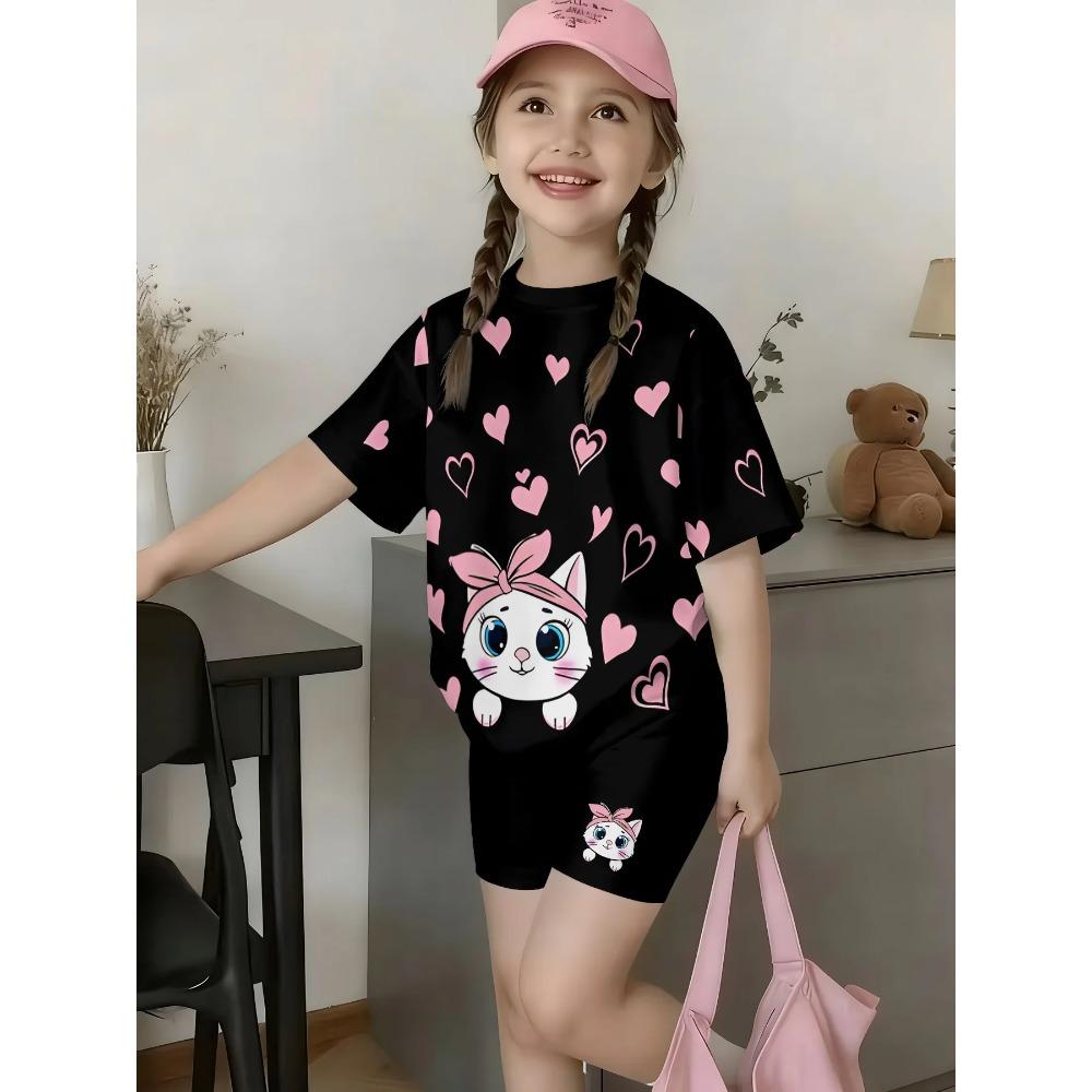 Girls Summer New Casual Floral Print Short Sleeve Top Color Shorts Sweet Style 2‑Piece Children Daily Outdoor Fashion Set