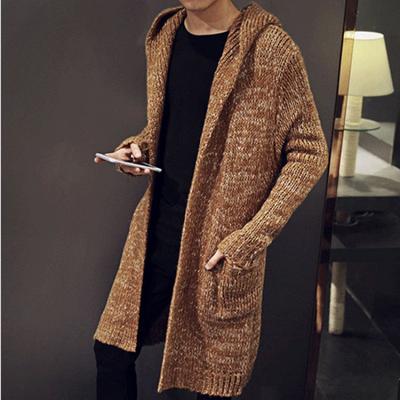 Casaco Tricotado Longo com Capuz para Homem Cardigan Casacos Casacos de Suéter Cor Sólida Jaqueta Tricotada de Outono