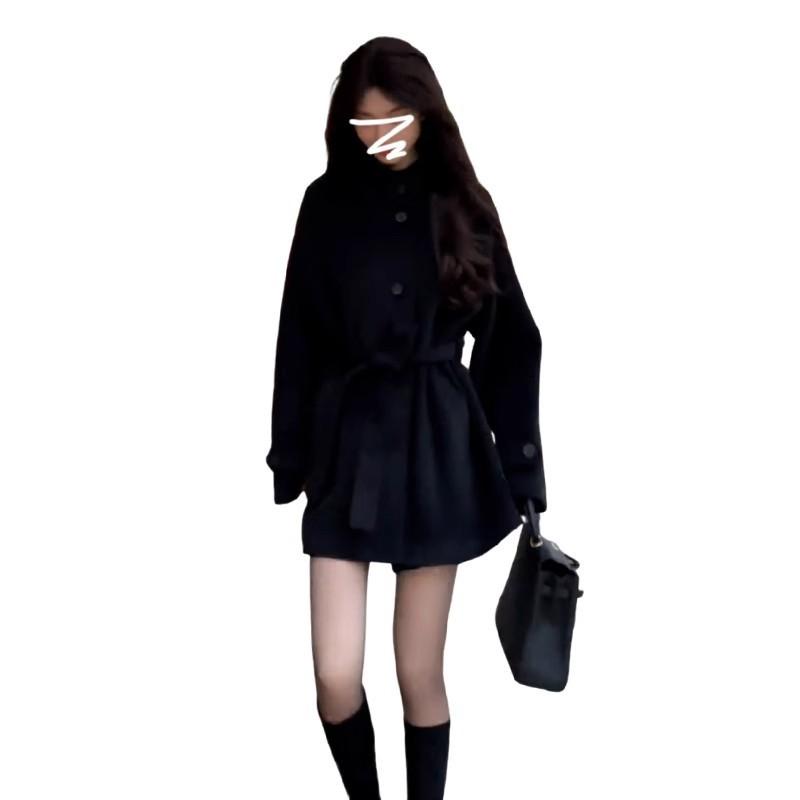 Womens Black Wool Blend Coat Winter Thick Oversized Korean Style Elegant Long Sleeve Trench