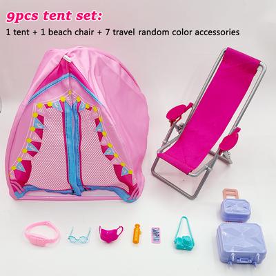 9Pcs Tent Beach Chair Travel Accessories Fashion Playhouse Fun Camping Game Doll Accessories Toys for Children Christmas Gift