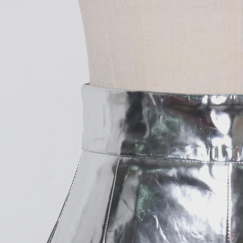 2025 Summer High Waist Zippered Pleated Silver PU Shorts for Women