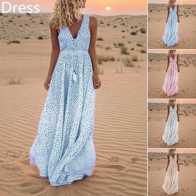 Plus Size Damen Sommer ärmelloses Sommerkleid Punktdruck Quasten tiefer V-Ausschnitt Strand langes Maxikleid