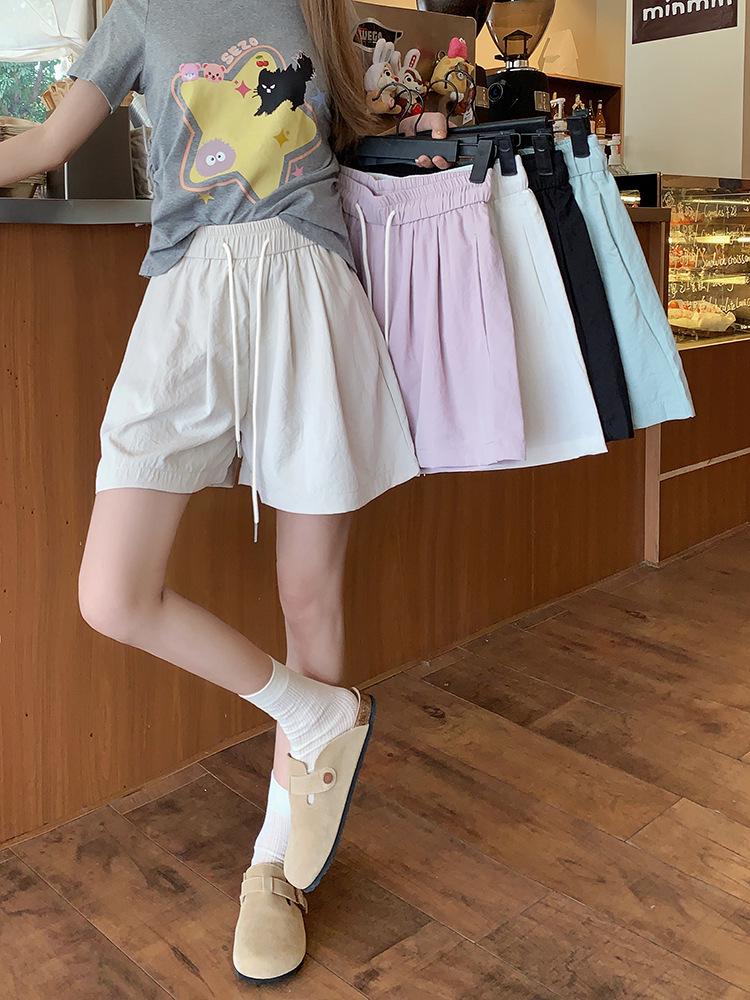 Women's High Waist Drawstring Blue Shorts - Summer Casual, Slimming Wide-Leg for Middle School Students