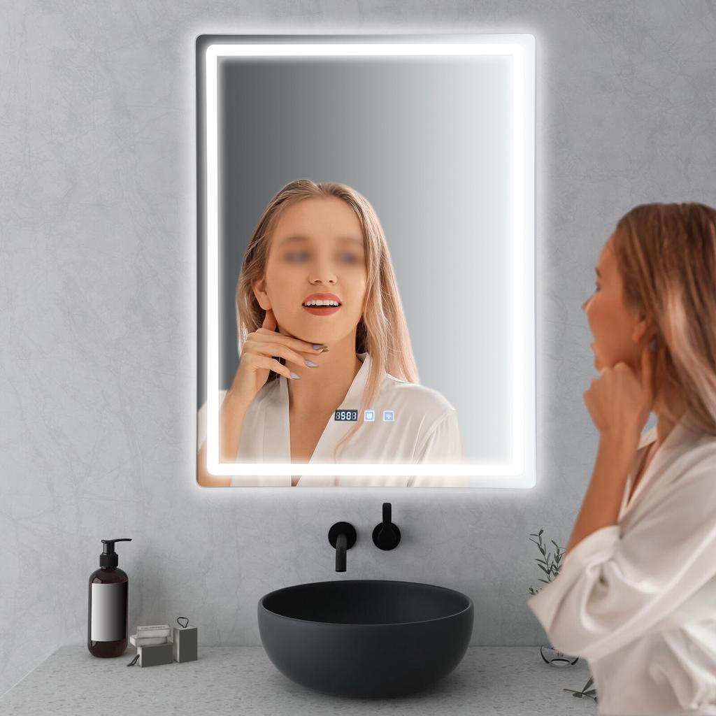 Modern Wall Mount Bathroom Mirror W/ LED Lights, Adjustable Color & Brightness, Anti-Fog Technology, Time & Temperature Display