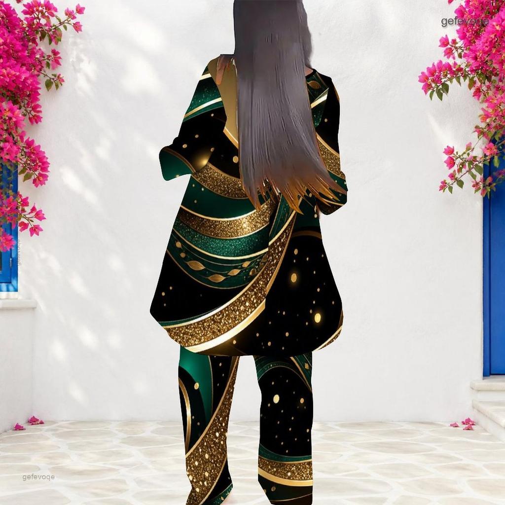 Women Plus Size Round Neck Long Sleeve Green Black Gold Printed Layered Top And Long Pants Two Piece Set