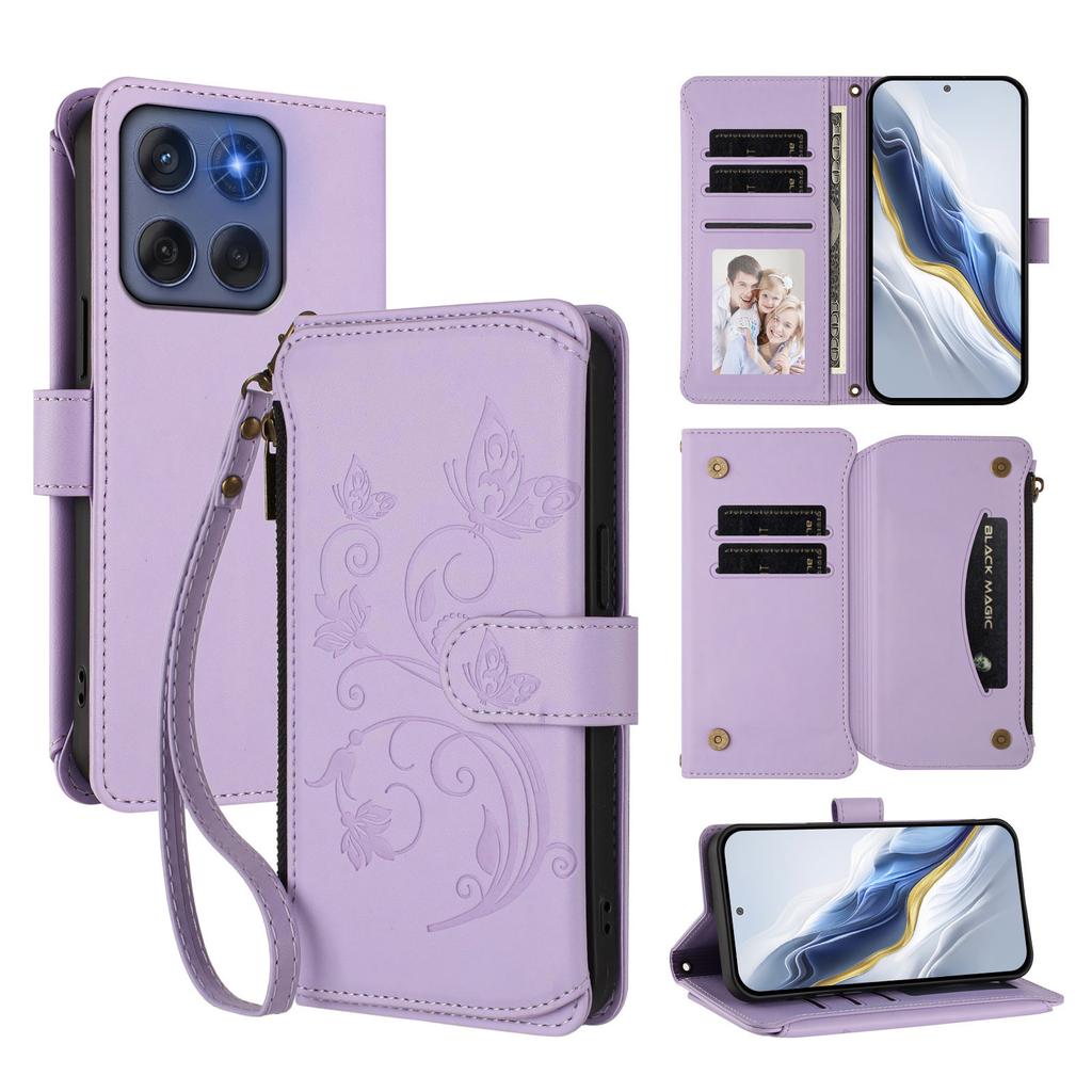 For Motorola Edge 60 5G/Motorola Edge (2025) 5G Leather Case Butterfly Floral Imprint Zipper Wallet Stand Cover with Wrist Strap
