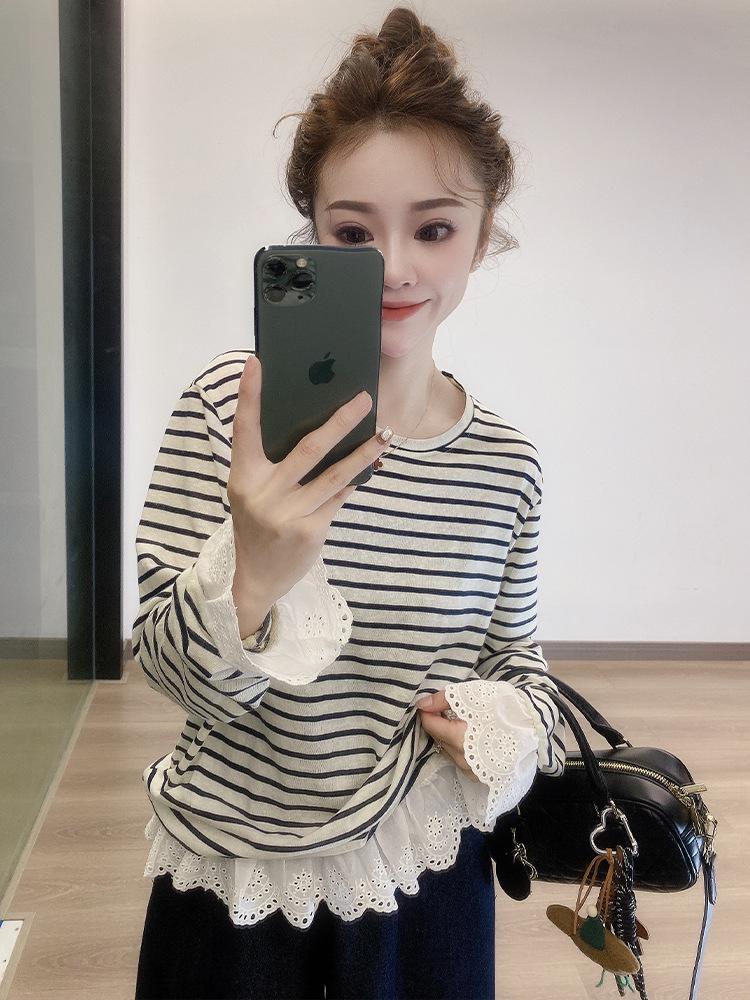 

Женская футболка в французском ретро-стиле с полосками и кружевными вырезами - Коллекция Весна 2025 XL слоновая кость/белый