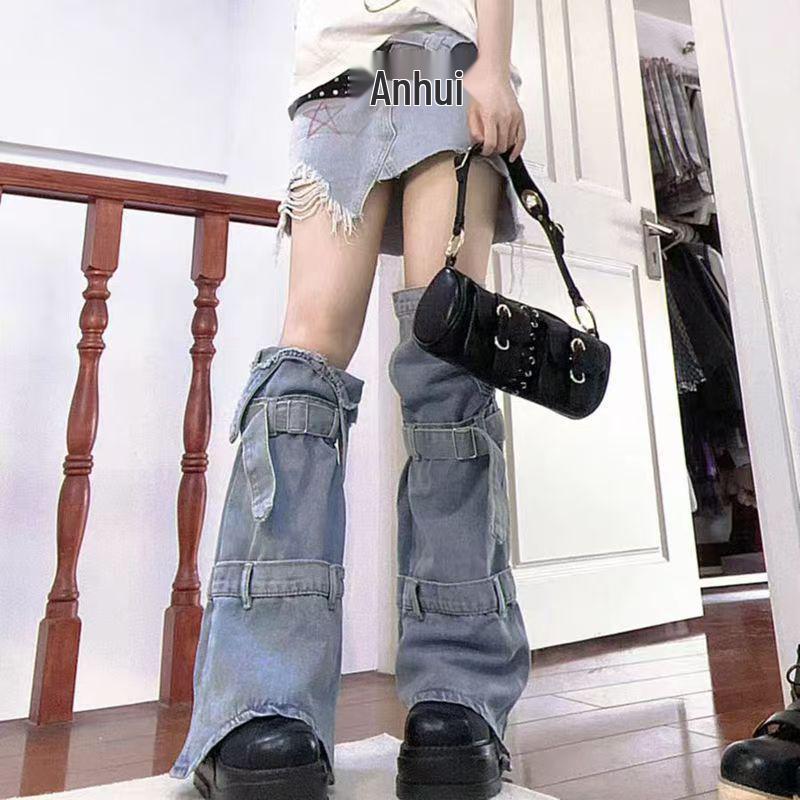 

Y2K Субкультура Джинсовые гетры на шнуровке - Женские осенне-зимние стройнящие длиной до середины икры. One Size синий