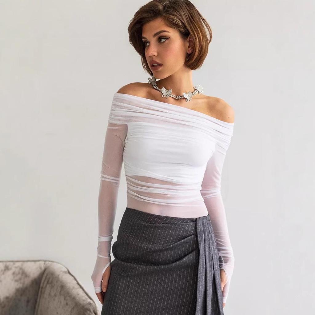 2024 Herbst/Winter Europäischer & Amerikanischer Stil Damen Einfarbig Schlankmachend Einseitig Schulterfrei Mesh Langarm Oberteil