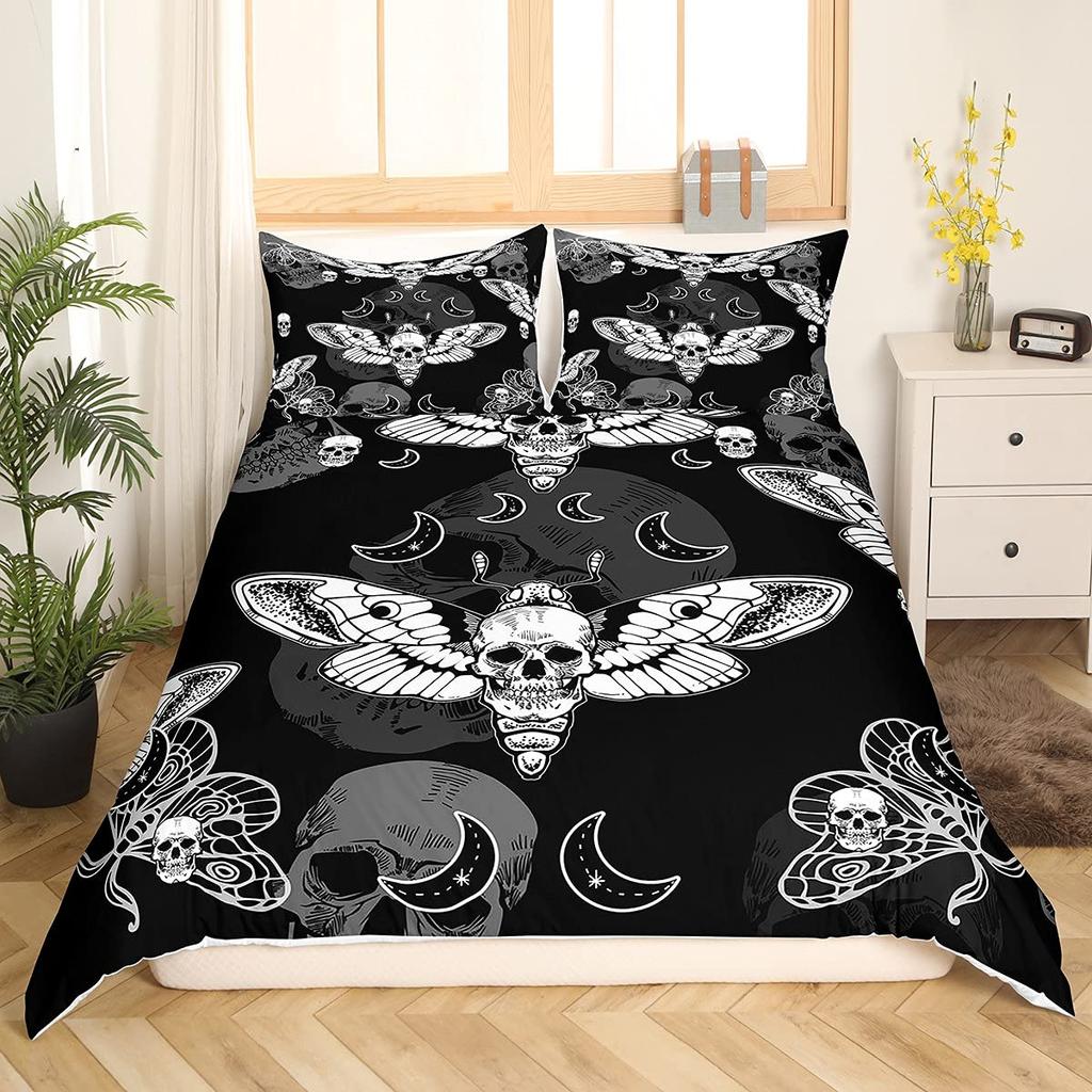 Black Death Moth Duvet Cover Set Gothic Skull Bedding Set Butterfly Bedclothes Moon Stars Polyester Quilt Cover for Kids Teens