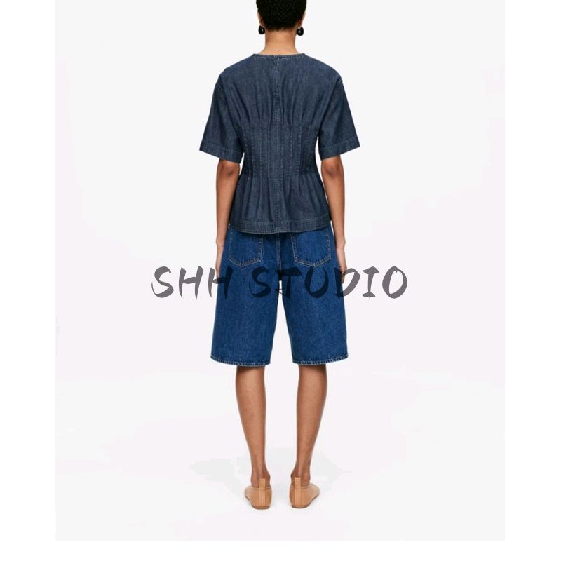 Summer New Product Women's Clothes Commute Style Pinch Pleated Decorative Cotton Round Neck Short Sleeve Waist-Controlled Denim Tops 1270370