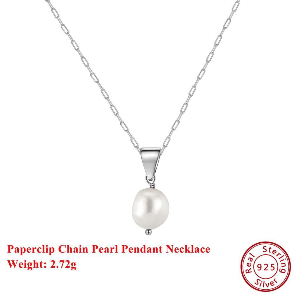 EFFIE QUEEN Popular Natural Pearl Pendant Necklace 925 Sterling Silver Temperament Dainty Pearl Paperclip Chain Jewelry GPN24