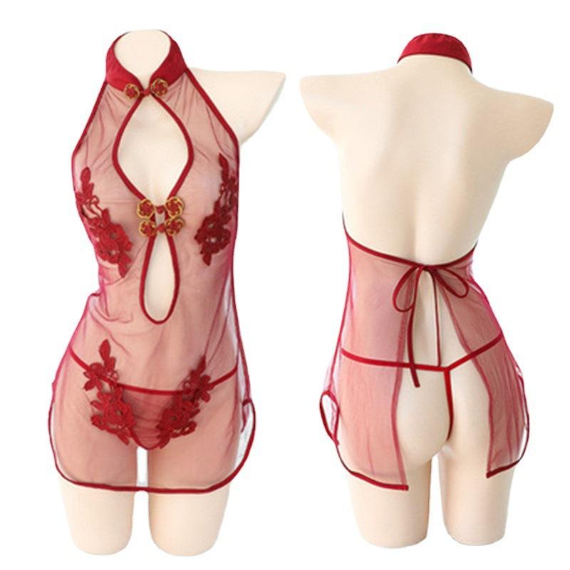 Sexy Sexy Lace Slit Free Uniform Mesh Classical Embroidery Cheongsam Temptation Perspective Set
