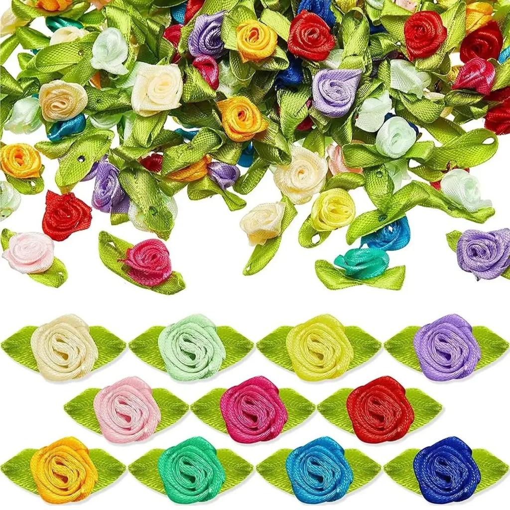 50/100pcs Artificial Fabric Flower and Green Leaf Color Mix Small Ribbon Rose Decoration for Crafts DIY Sewing Decoration