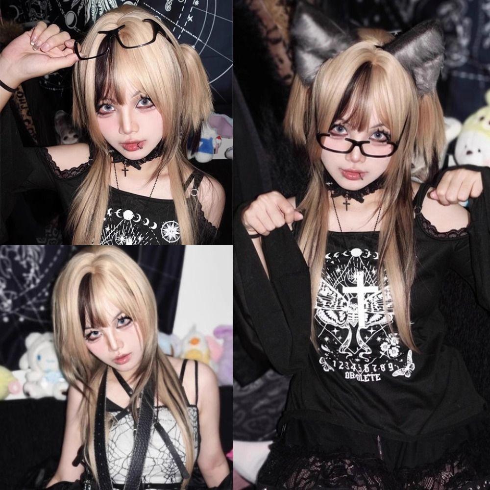 Synthetic Ombre Blonde Black Layered Wig Double Ponytail Cosplay Lolita Wigs  Halloween