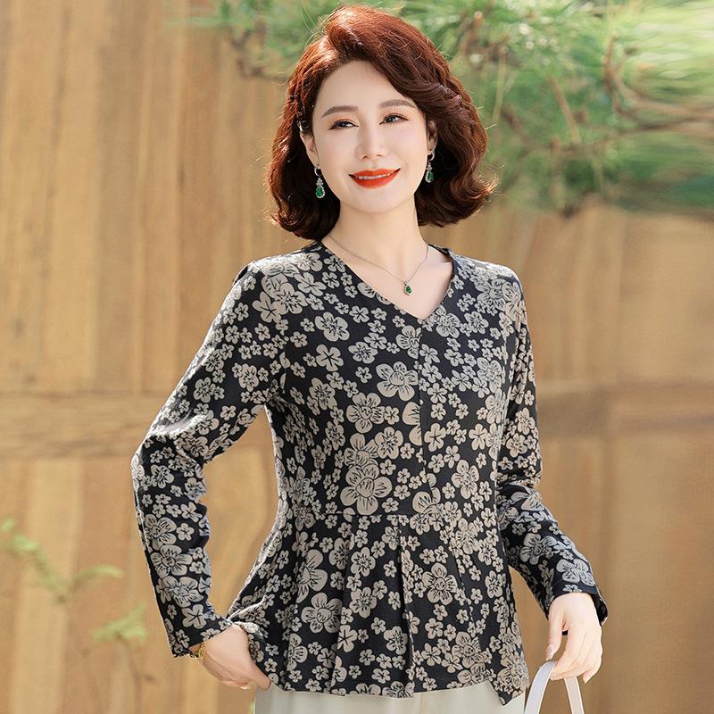 Fashionable Floral V-Neck Blouse for Middle-aged Women - Long-Sleeved Spring Top