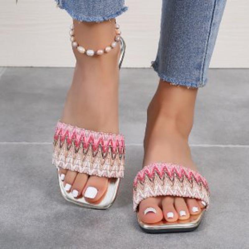 One-character Colored Webbing Slippers Women's New Large-size Women's Shoes Flat-bottomed Casual Cool Slippers Women