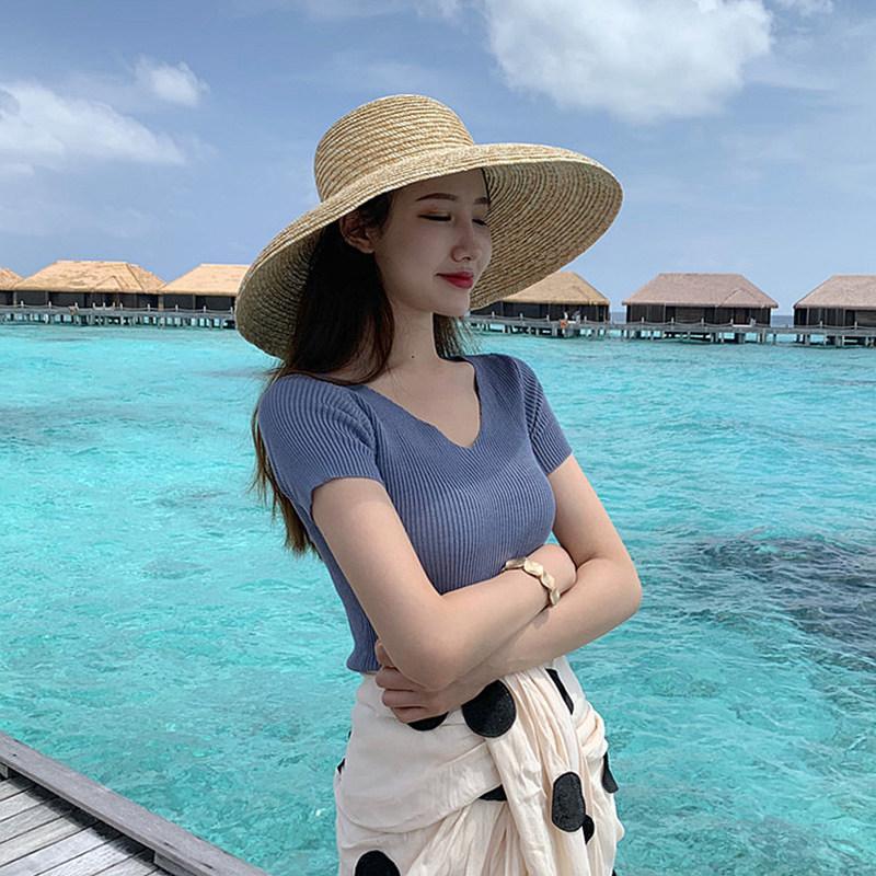 Women Spring Summer Pullovers Knitted Sweaters Primer Shirt Short Sleeve V-Neck Slim Bottoming Tops Solid Color One Size