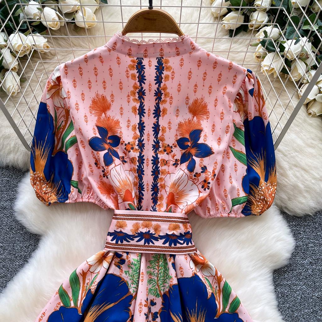 Summer Women Stand Collar Puff Sleeve Single Breasted Lace Patchwork Print Mini Short Party Dresses