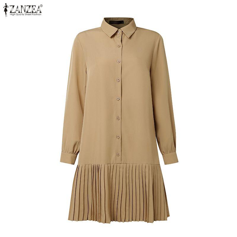 ZANZEA Damska casualowa sukienka z kołnierzykiem, luźna, z długim rękawem, gładka