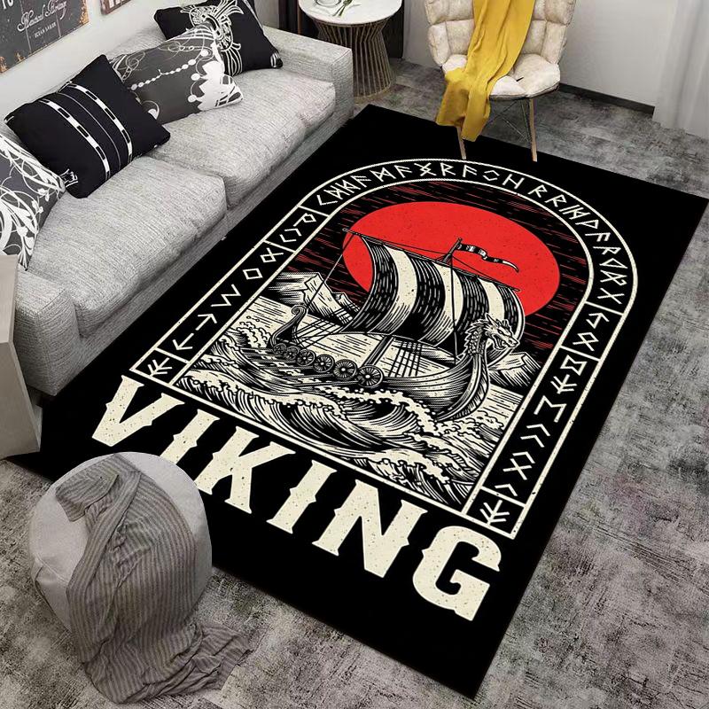 Viking Ship Carpet with Red Sun, Runic Border, Black Nordic Decor Suitable for Use As an Anti-slip for Living Room Bedroom Sofas