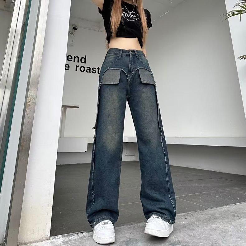 Women's American Retro Wide-Leg Jeans, High Waist, Straight Loose Fit, Floor-Length, Spring/Autumn 2023 Design 