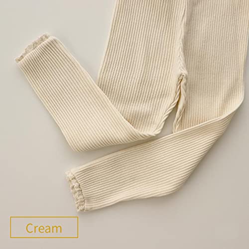 Girls' Baby Leggings, Leggings, and Pants, Solid Color with Ribbed, Lace, and Ruffles, Stylish and Simple, Korean Style (Cream, Size 80)